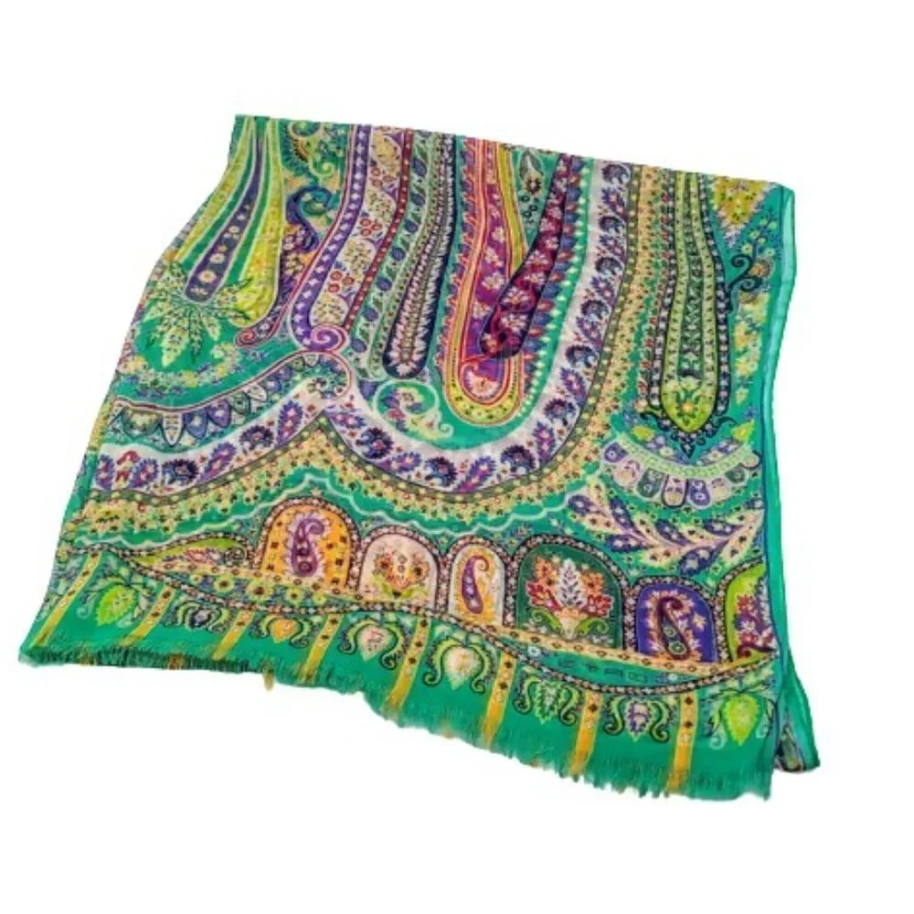 Etro Sheer 100% Silk Chiffon Fringed Oblong Scarf Wrap